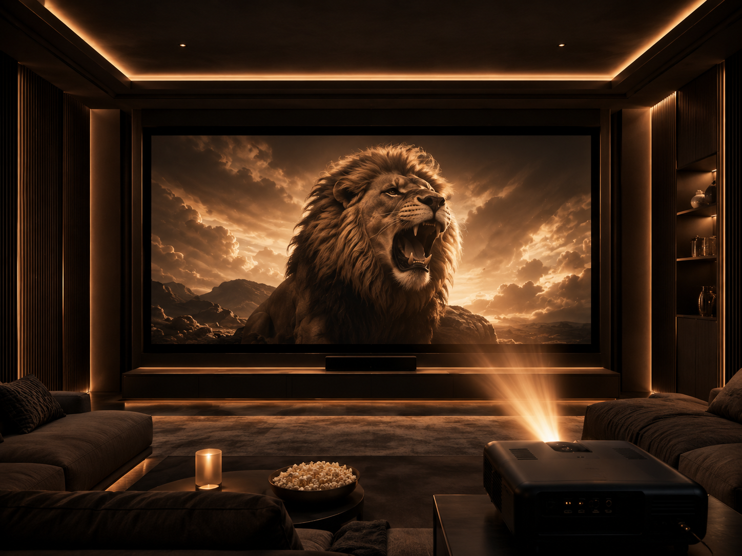 Wohnbereich mit Heimkino, Beamer und Leinwand